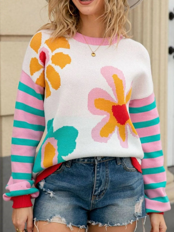 White Mod floral crew neck sweater with striped sleeves