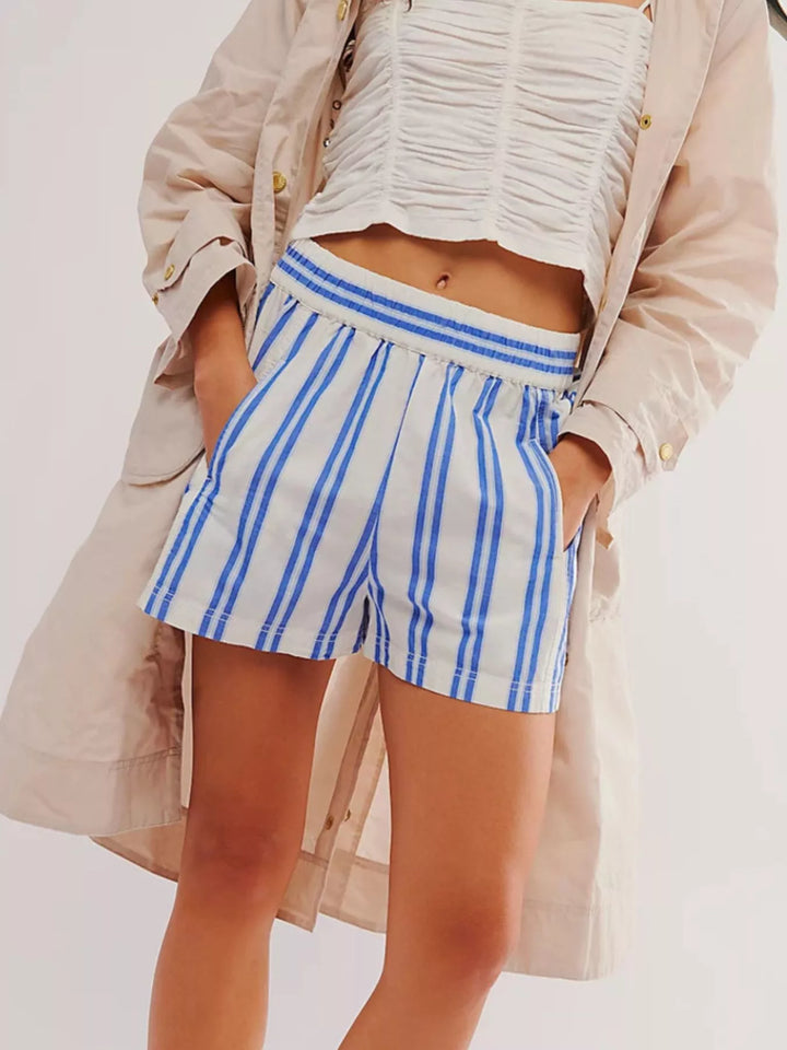 Striped elastic-waist pull-on shorts with side pockets