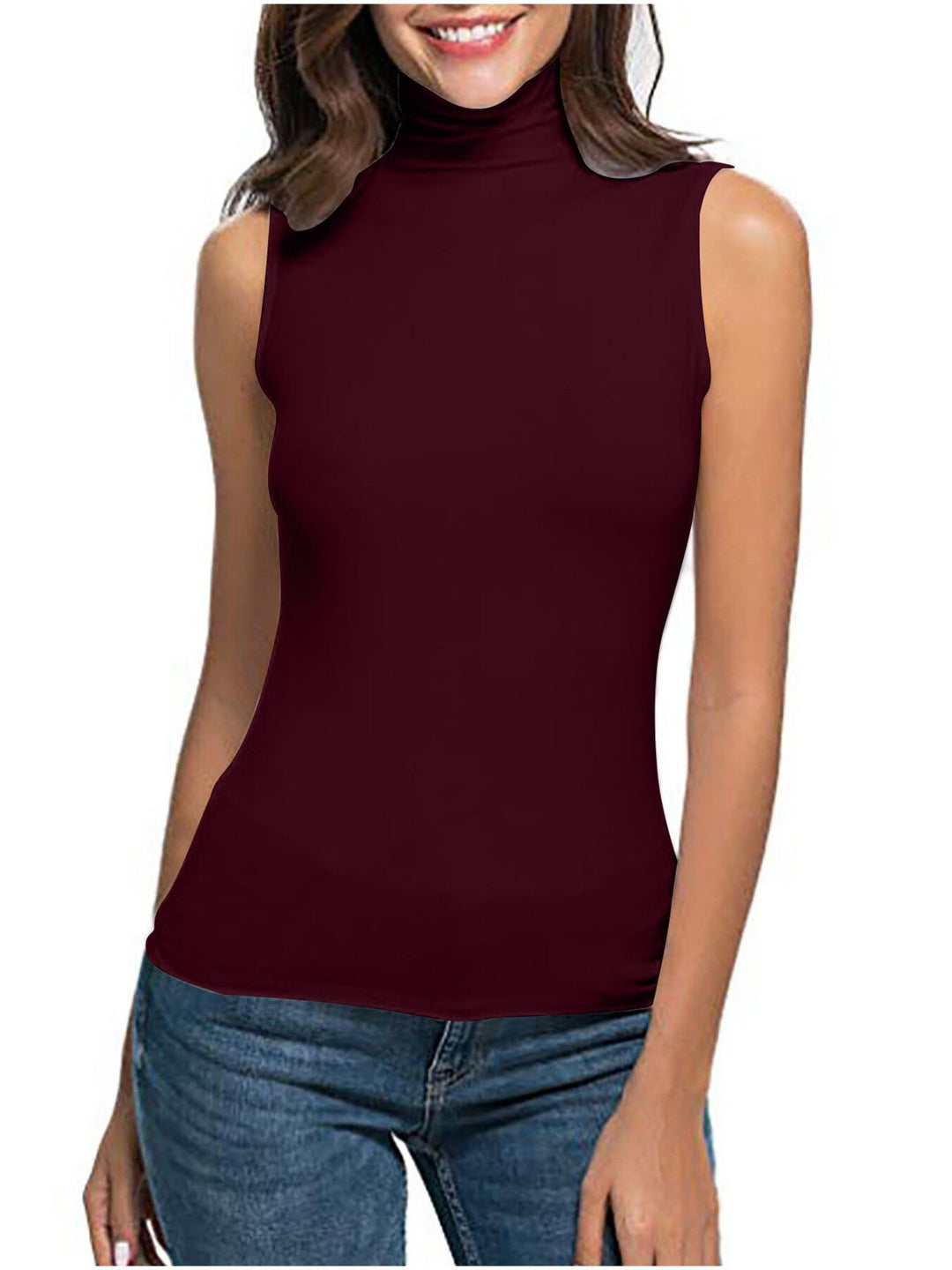 Dark Red Sleeveless turtleneck slim-fit knit top