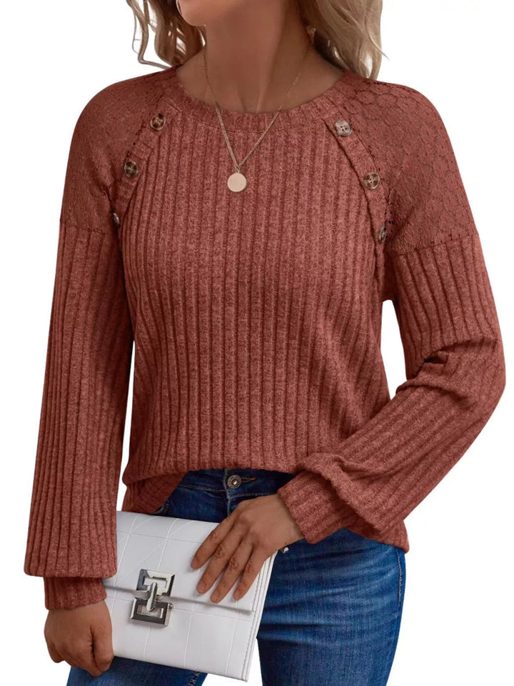 Ribbed knit long sleeve top with lace shoulder detail