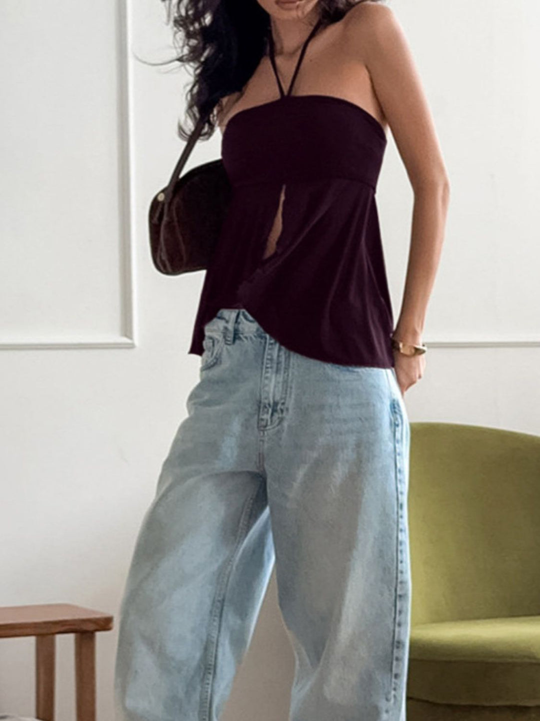 Halter neck cami with asymmetrical split hem