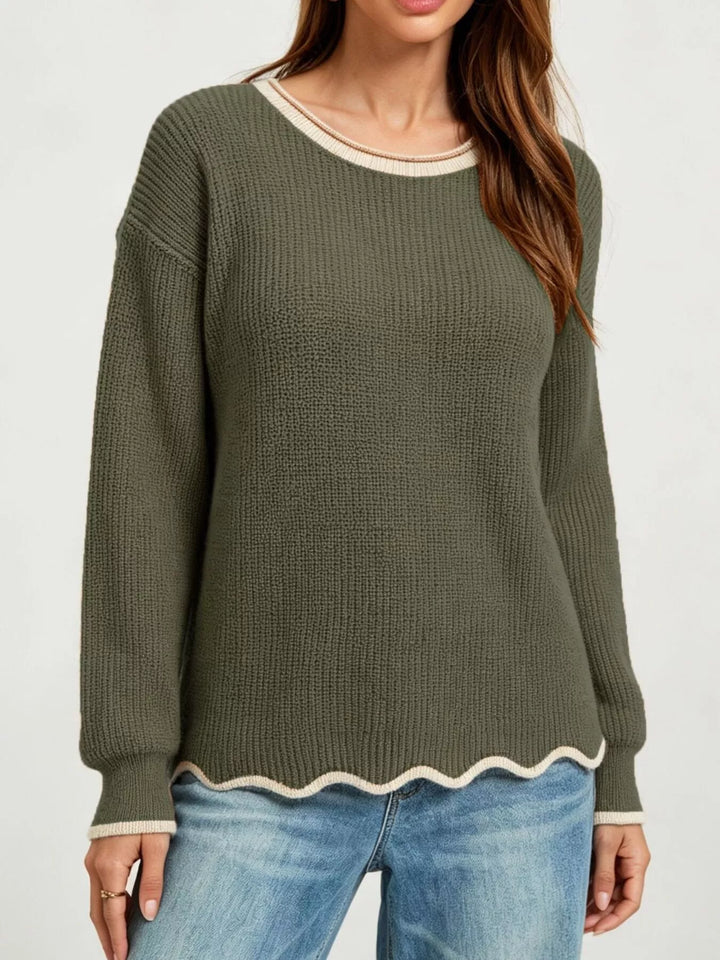 Green Scalloped hem ribbed knit sweater with contrast trim