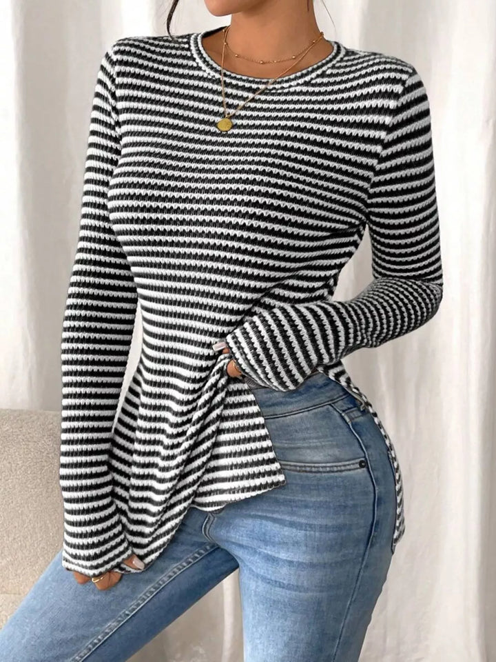 Black Slit-hem striped textured knit long sleeve top