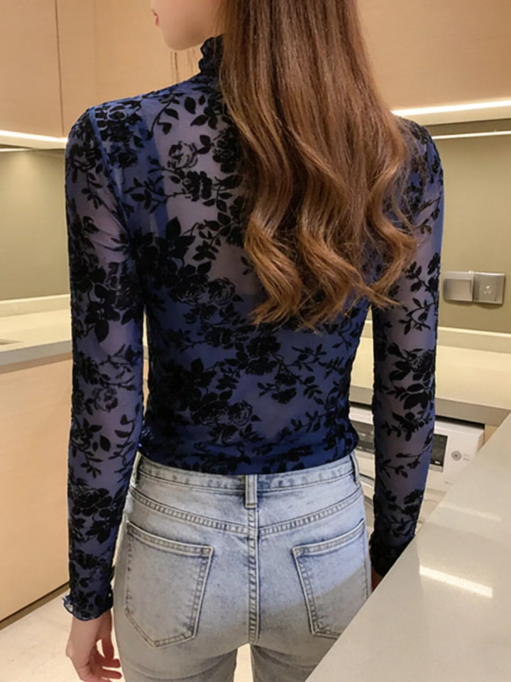 Sheer floral mesh mock neck long sleeve top