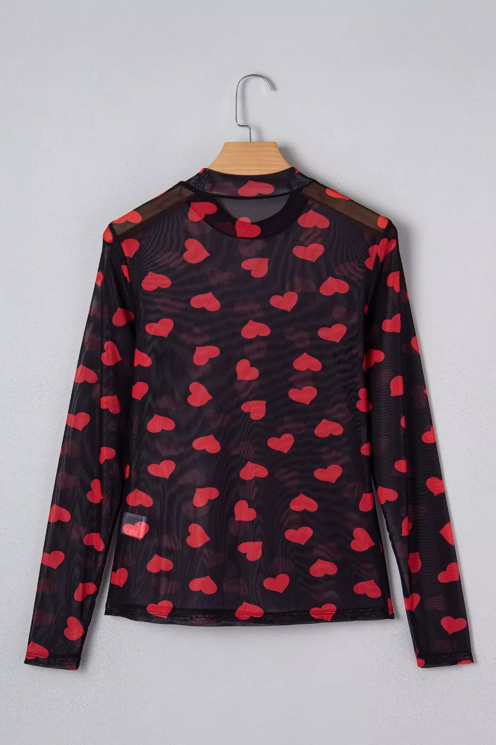 Heart print sheer mesh mock neck long sleeve crop top