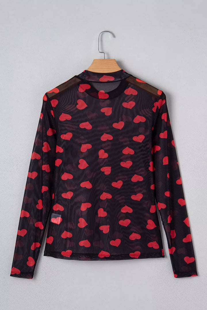 Heart print sheer mesh mock neck long sleeve crop top