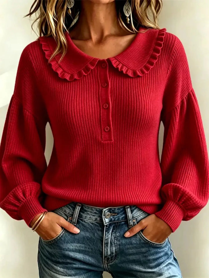 Red Ruffle collar ribbed knit sweater with button placket