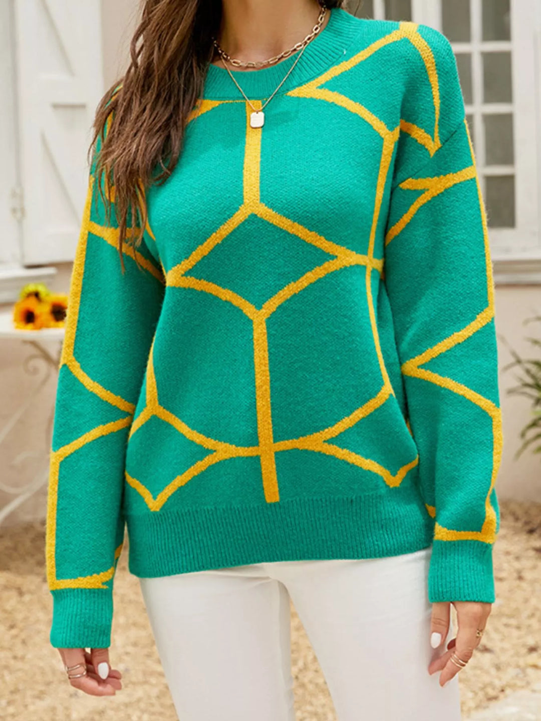 Geometric lattice knit crew neck pullover sweater