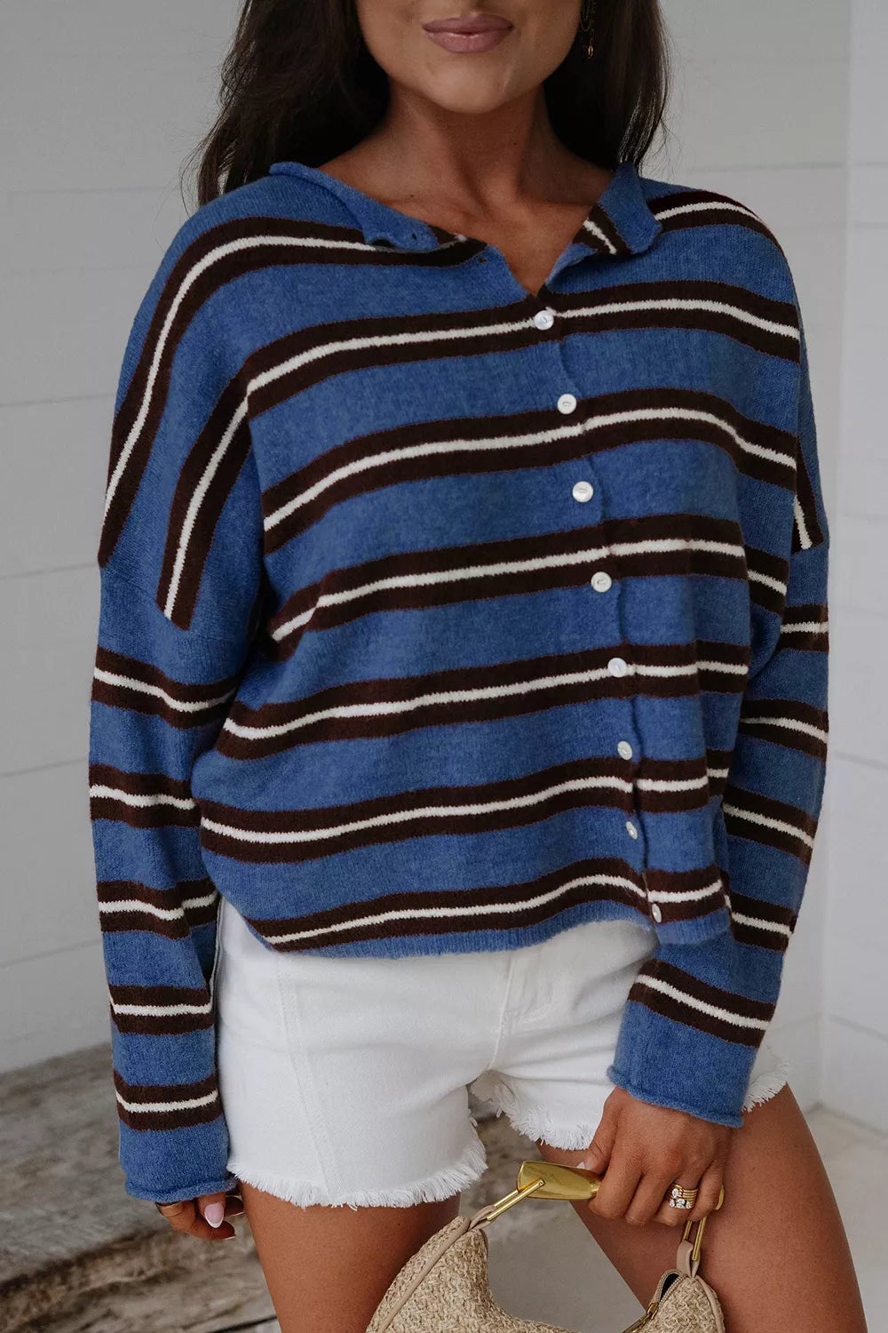 Striped drop shoulder button-front knit cardigan
