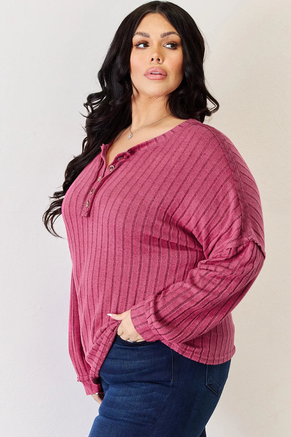 Ribbed knit half-button long sleeve high-low top