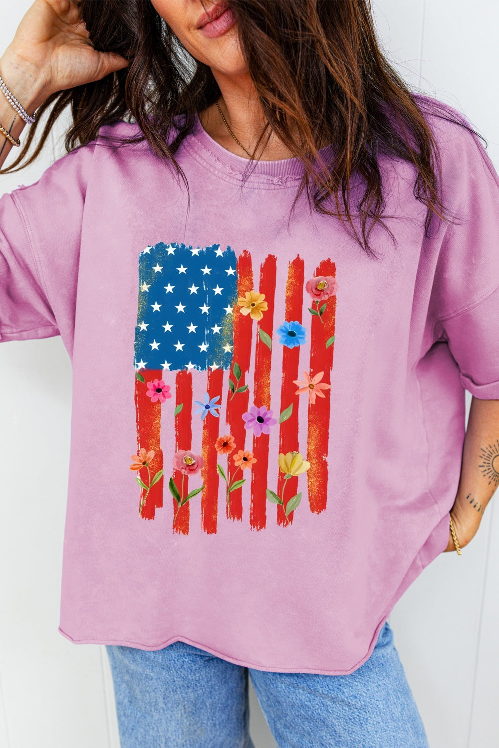 Floral American flag graphic tee with raw hem