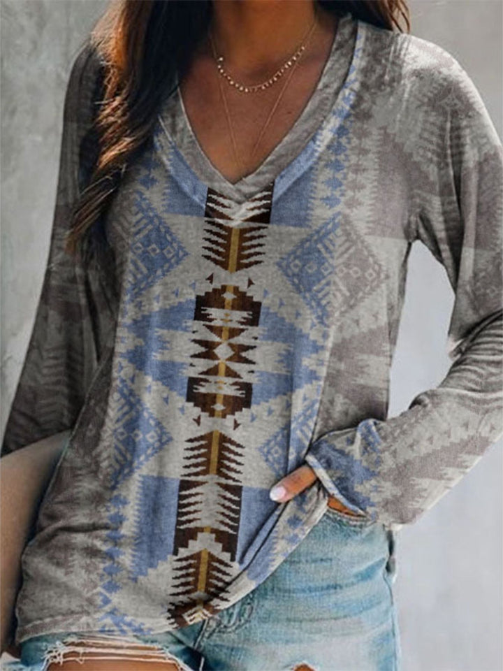 Grey Aztec geometric print v-neck long sleeve top