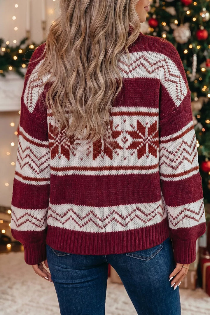 Snowflake Fair Isle zip-up knit cardigan with mock neck