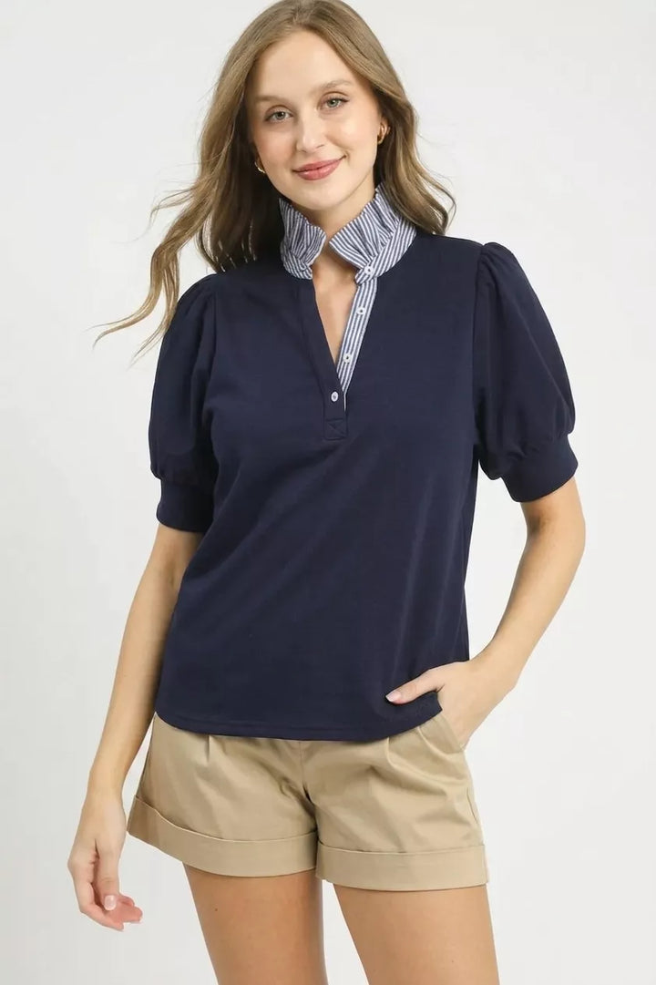 Striped ruffle collar puff sleeve popover top