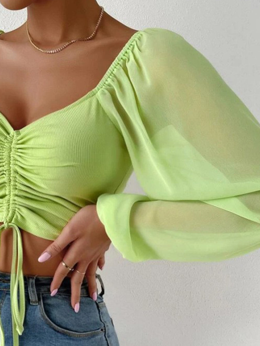 Drawstring sweetheart neck crop top with sheer sleeves