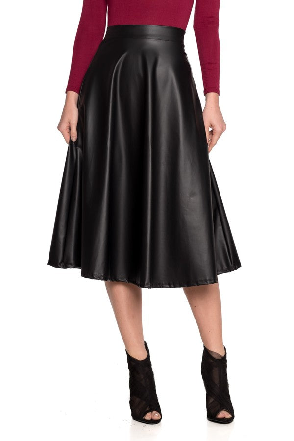 Faux leather high-waisted A-line midi skirt - Black