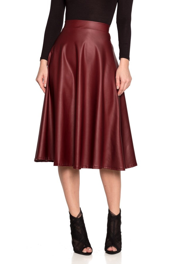 Faux leather high-waisted A-line midi skirt - BURGANDY