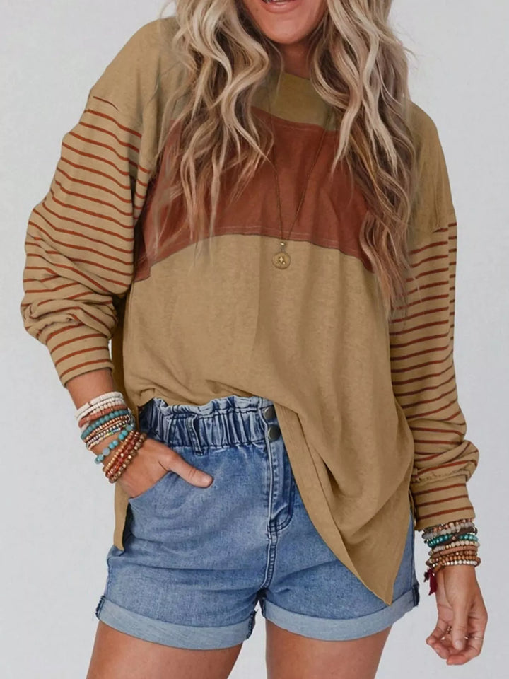 Color block striped long sleeve crew neck top