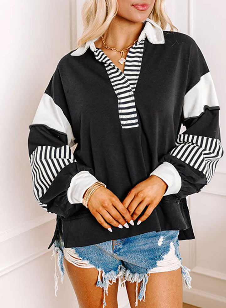 Color block striped Johnny collar sweatshirt with exposed seams