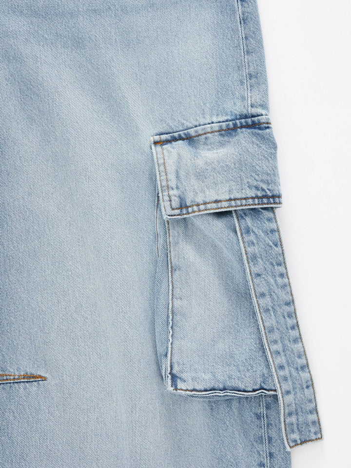 Vintage wash wide-leg cargo jeans with strap pockets