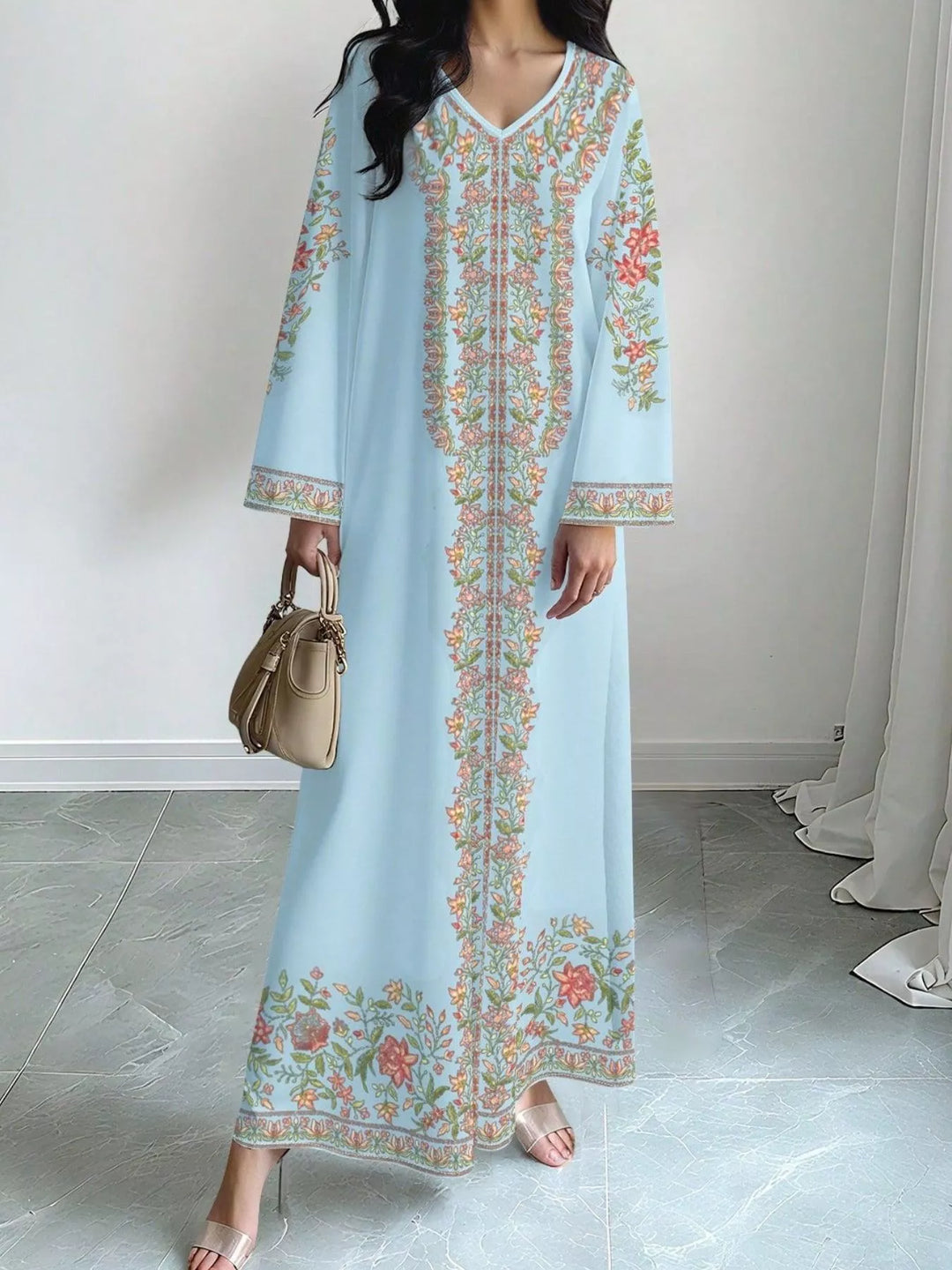 Floral border print V-neck long sleeve maxi dress