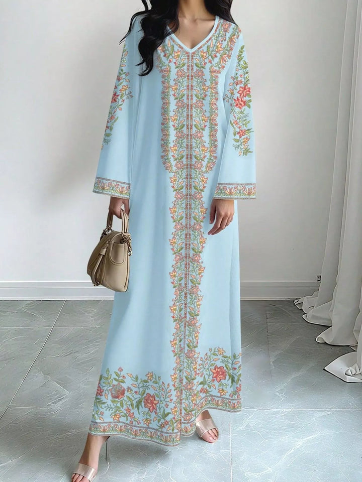 Floral border print V-neck long sleeve maxi dress