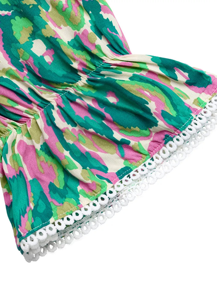 Abstract print v-neck flounce sleeve tiered maxi dress