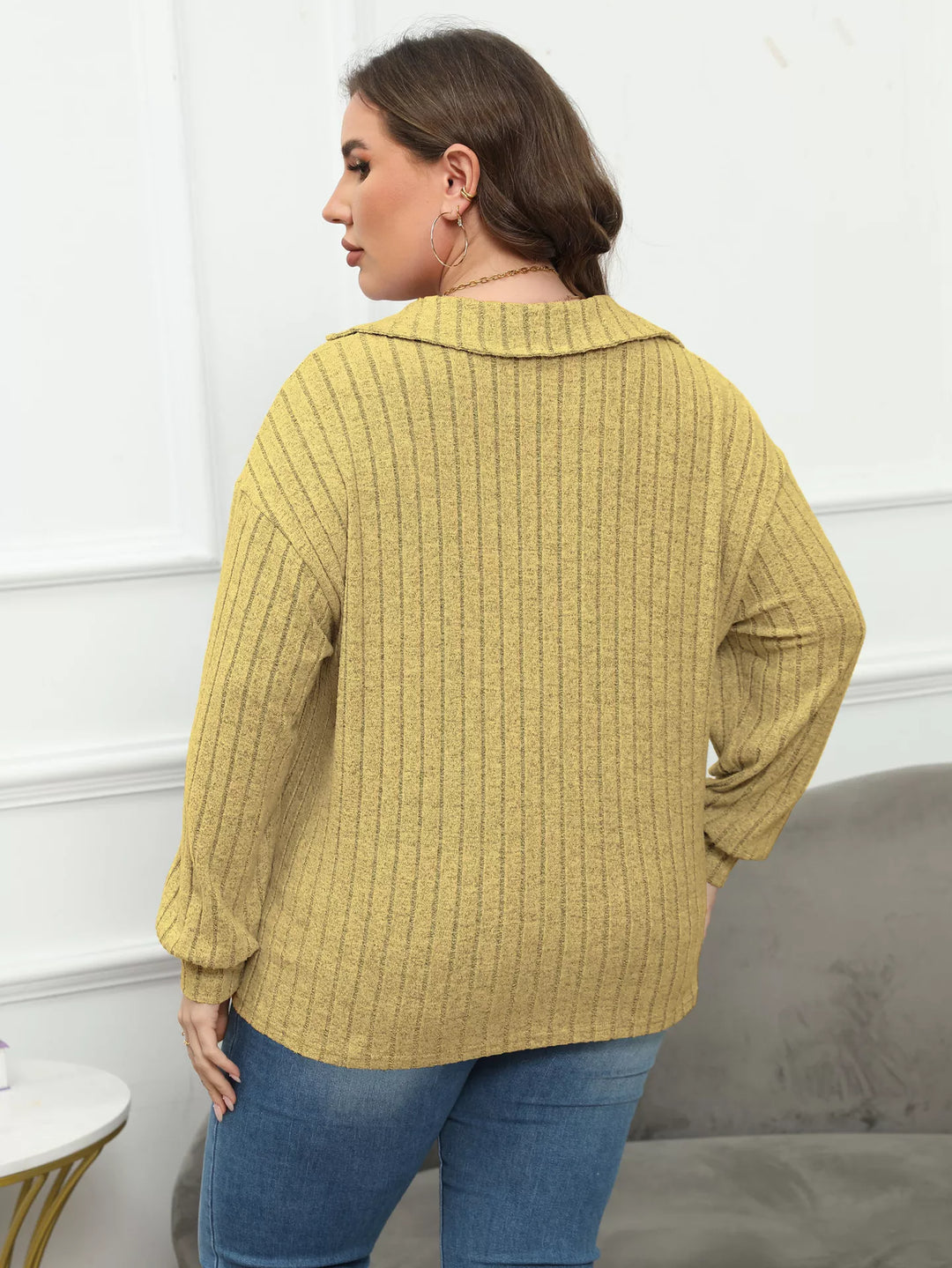 Plus size ribbed knit polo collar long-sleeve top