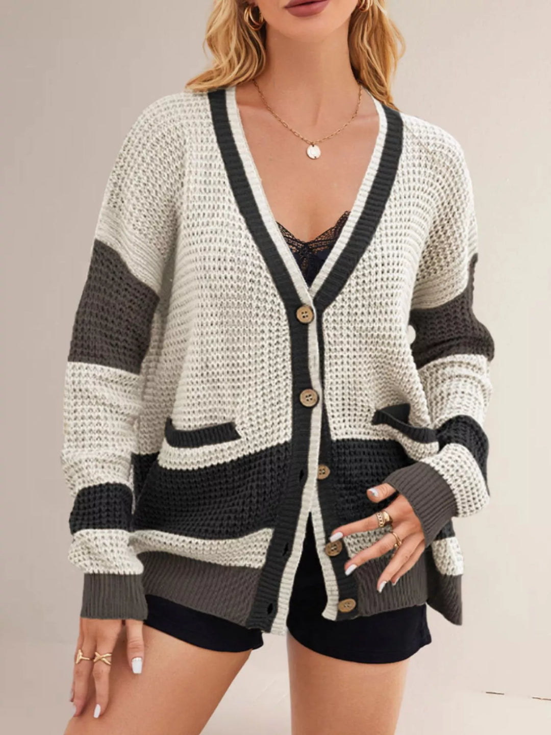 Black Color block waffle knit button-front V-neck cardigan