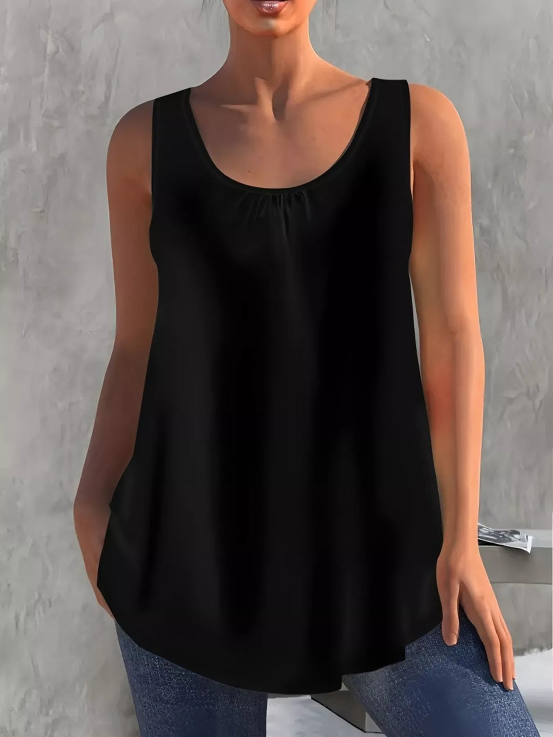 Black Scoop neck relaxed tank with ruched neckline detail