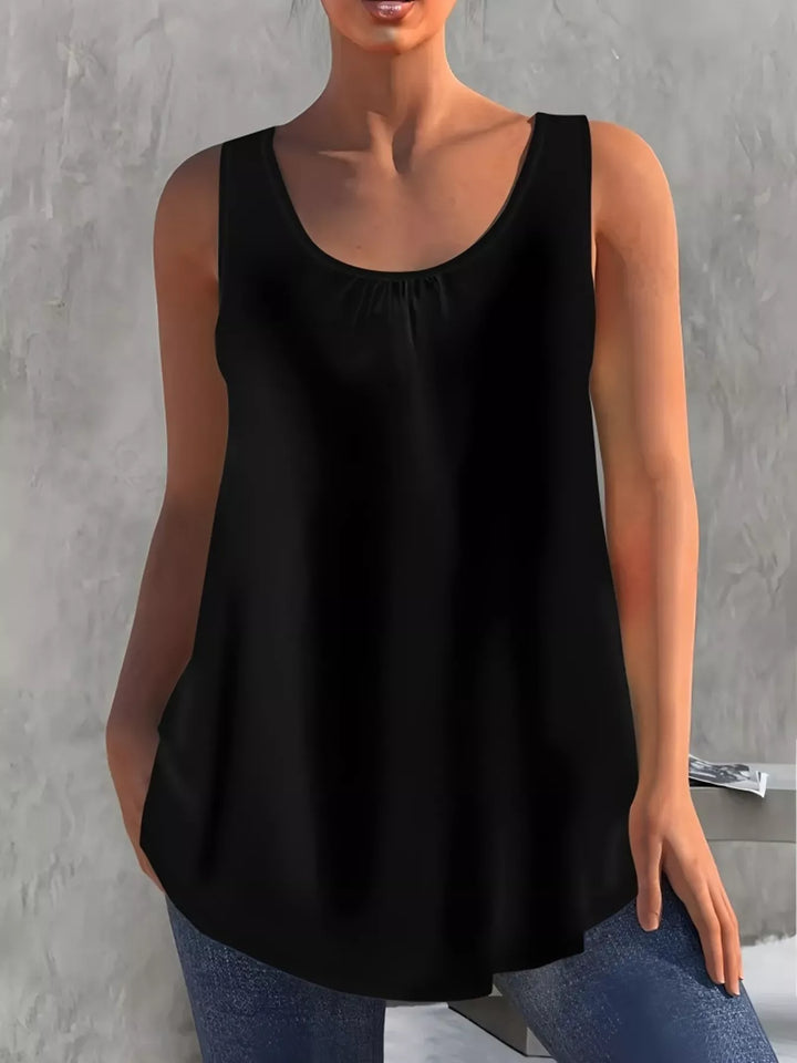 Black Scoop neck relaxed tank with ruched neckline detail