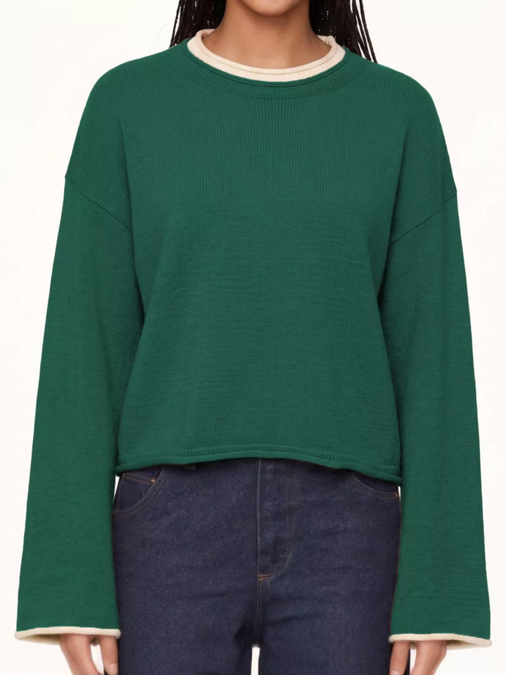 Green Drop shoulder crew neck sweater with contrast trim