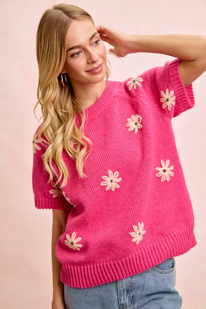 Floral embroidered short sleeve knit sweater top