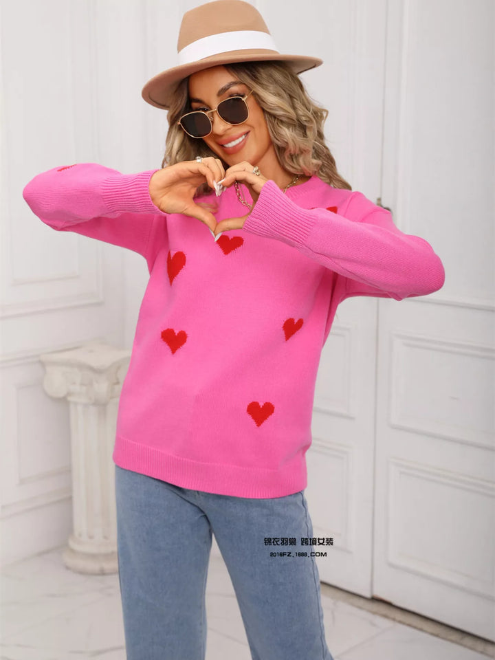 Contrast heart knit crewneck pullover sweater
