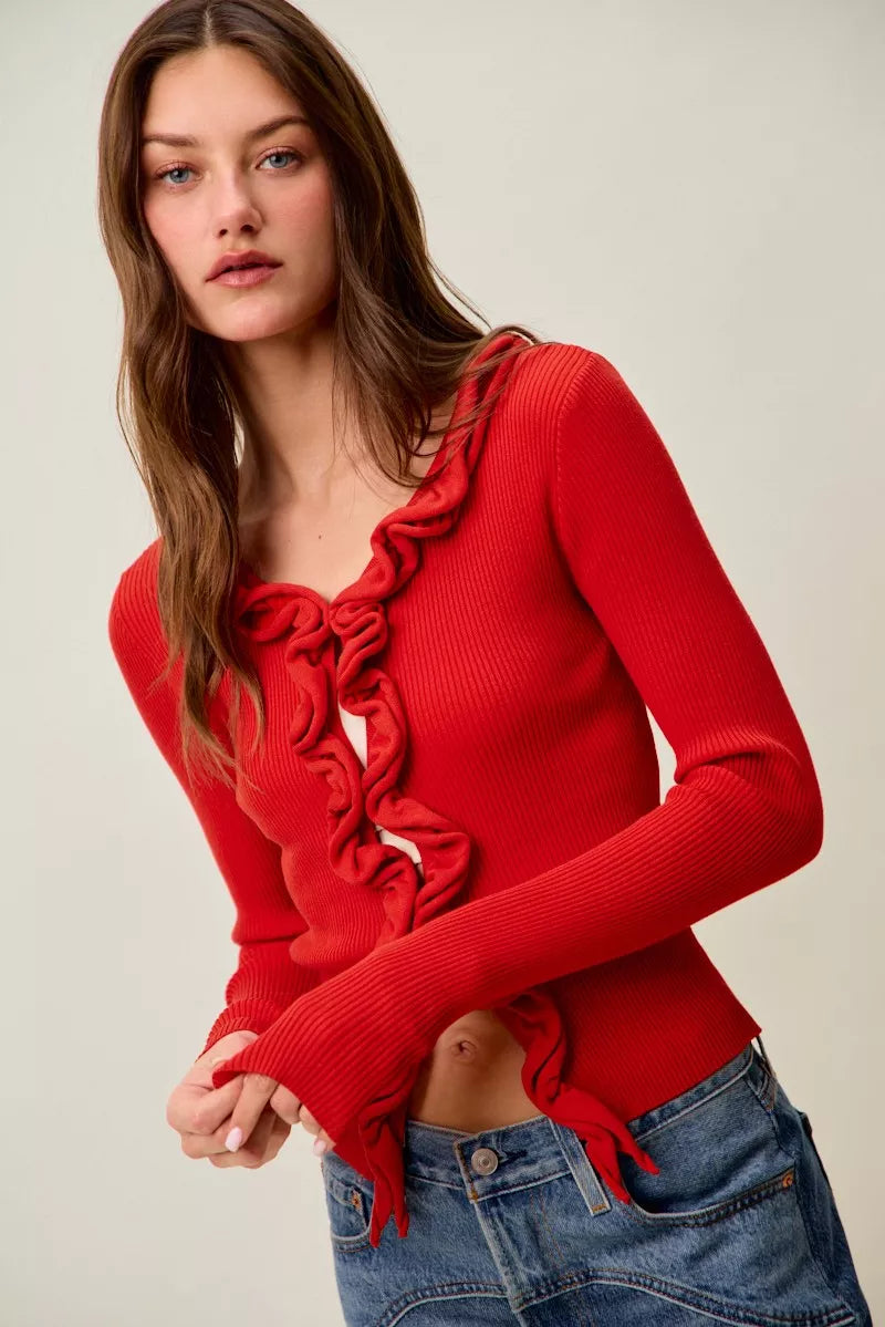 Ribbed knit cardigan with cascade ruffle trim
