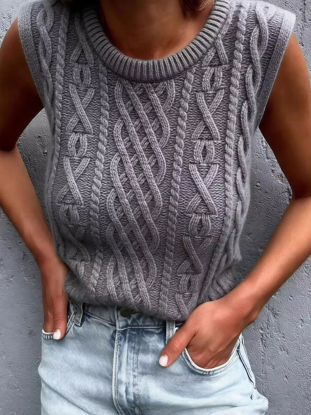 Gray Cable knit sweater vest with ribbed crew neck