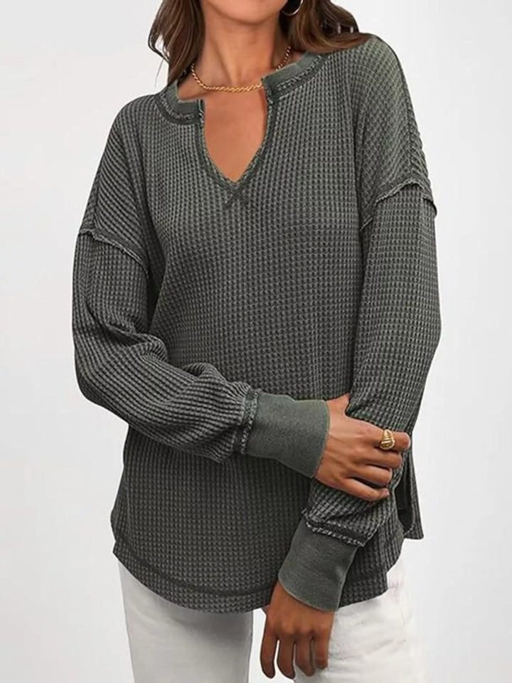 Waffle knit notched neck long sleeve tunic top
