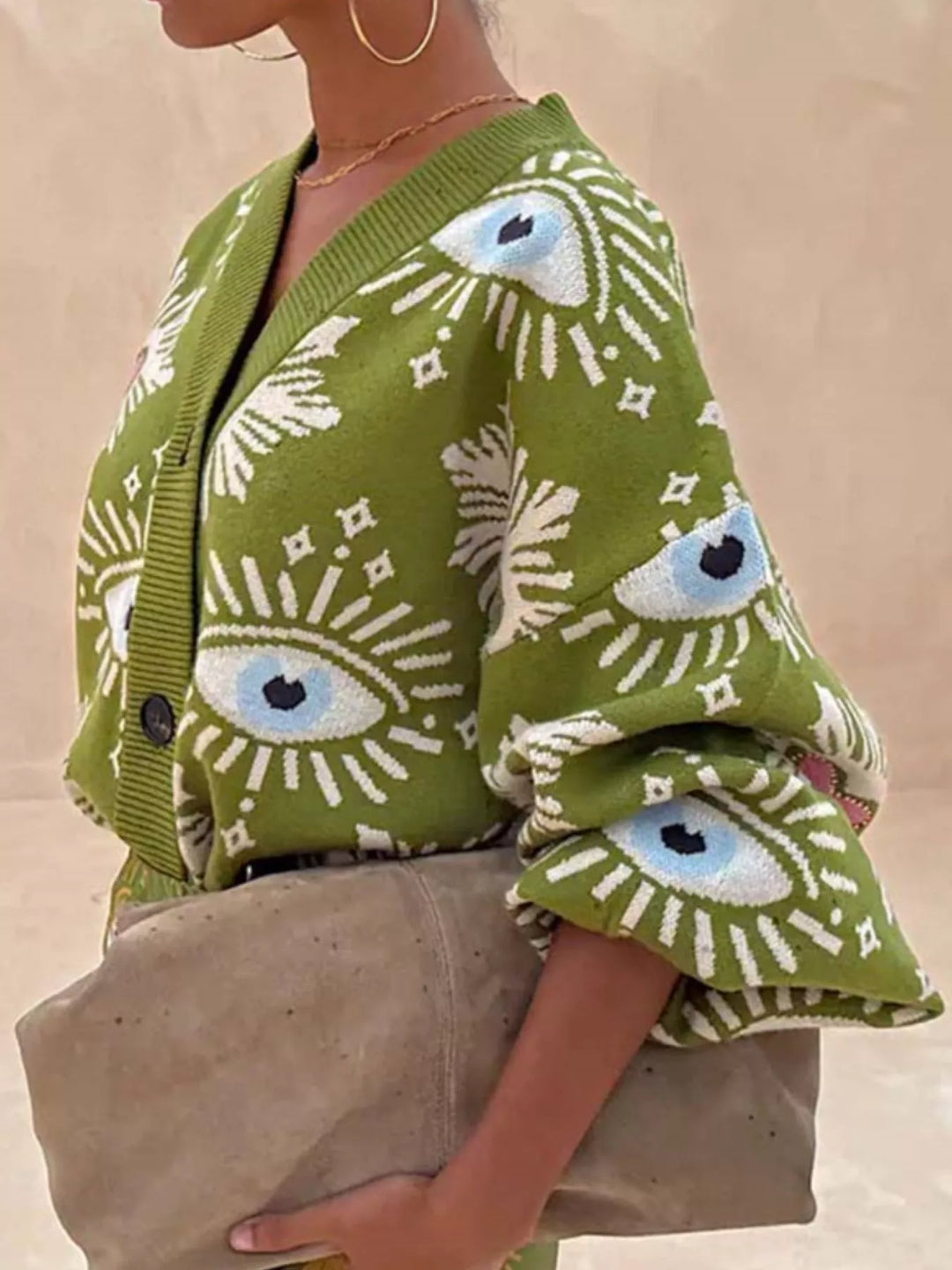 Evil eye print dropped shoulder button-down knit cardigan