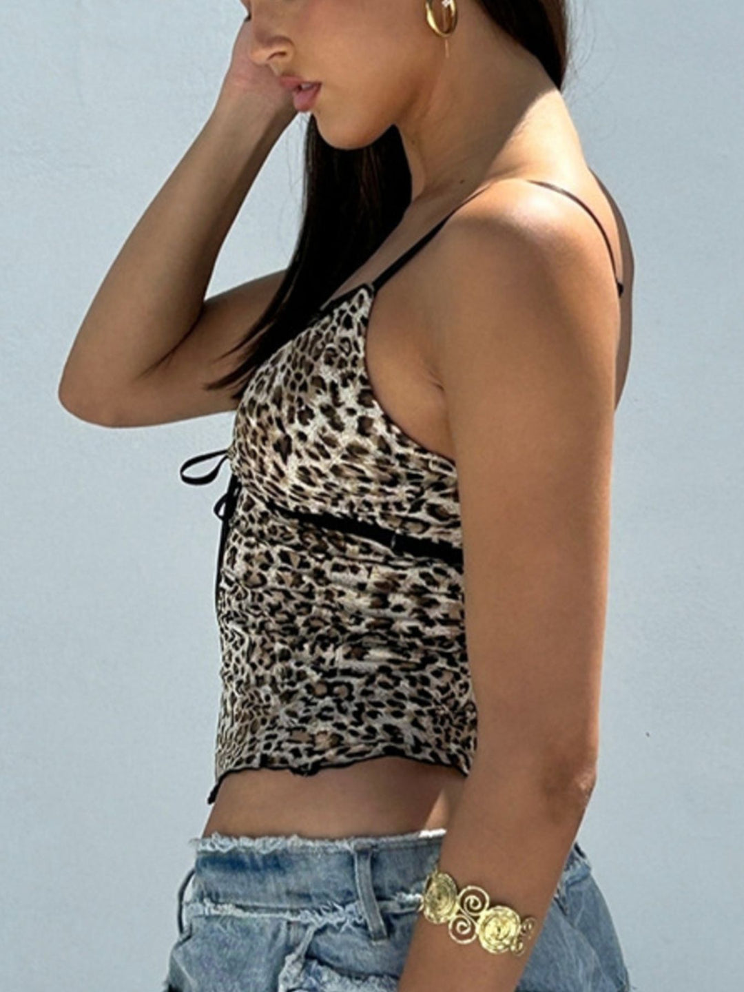 Leopard print cami with lace trim V-neck