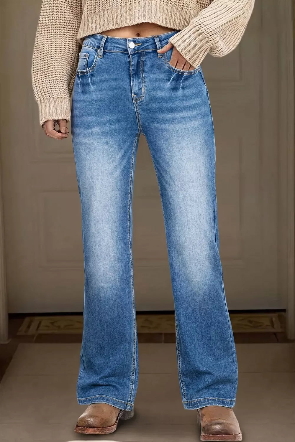 Dusty Blue Acid wash straight leg mid rise stretch jeans