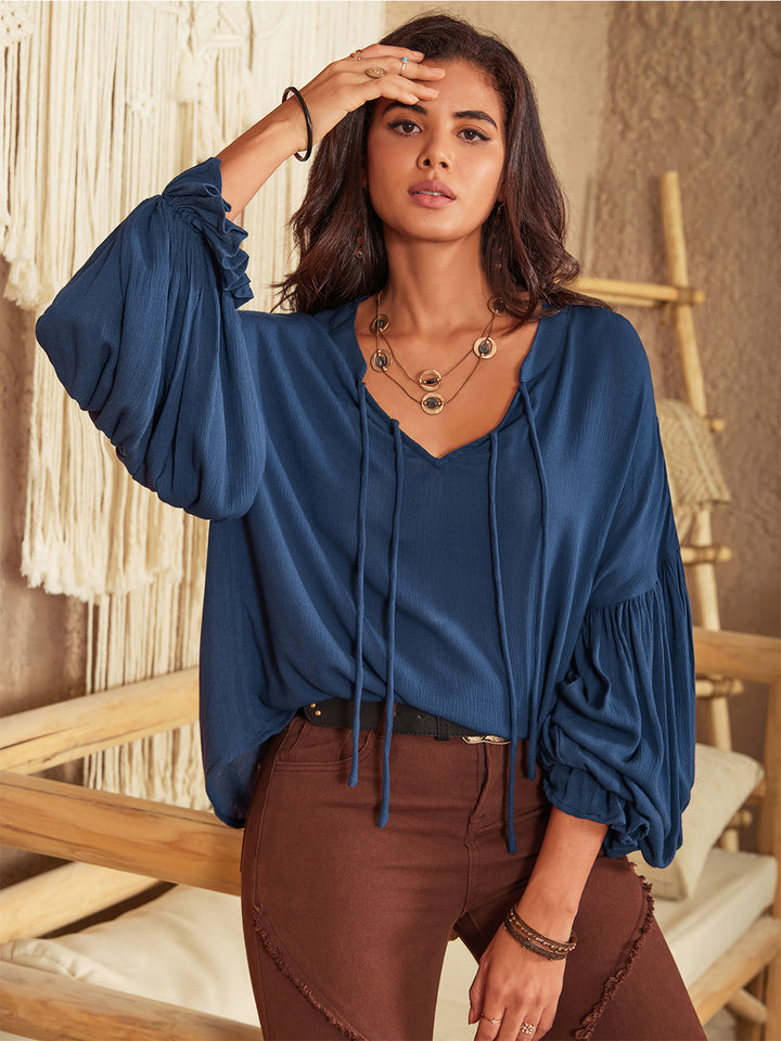 Dark Blue Tie neck balloon sleeve blouse with split V-neck