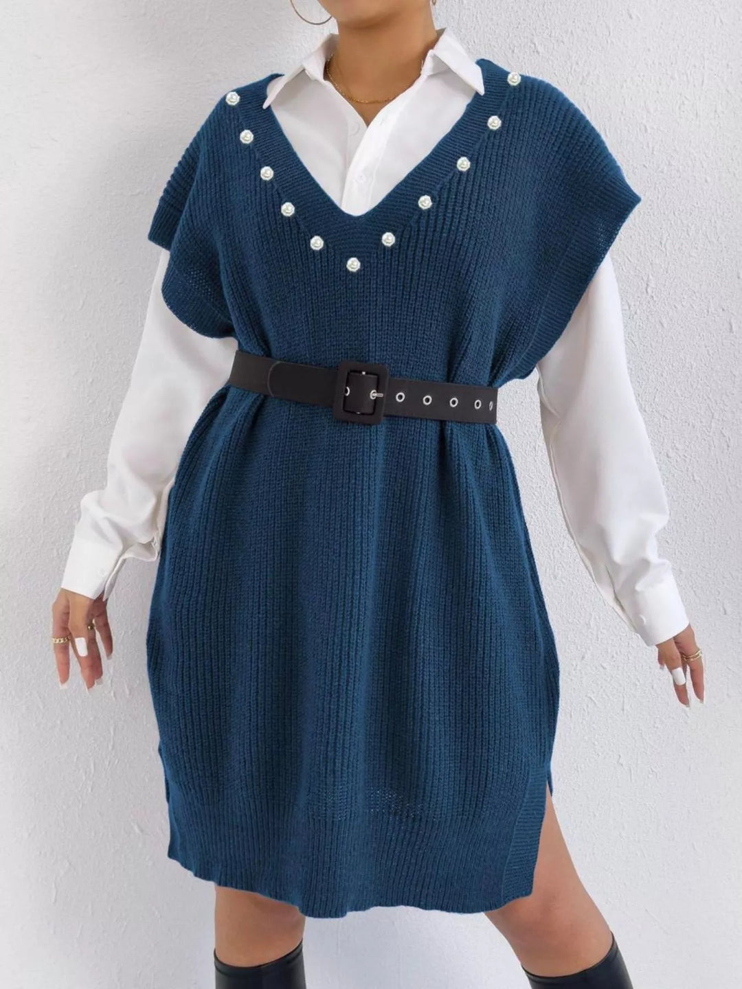 Pearl-trim V-neck ribbed sweater dress with side slits