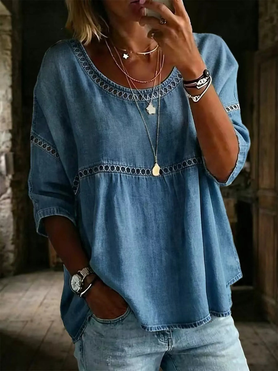 Navy Floral print crochet-trim tunic top with 3/4 sleeves