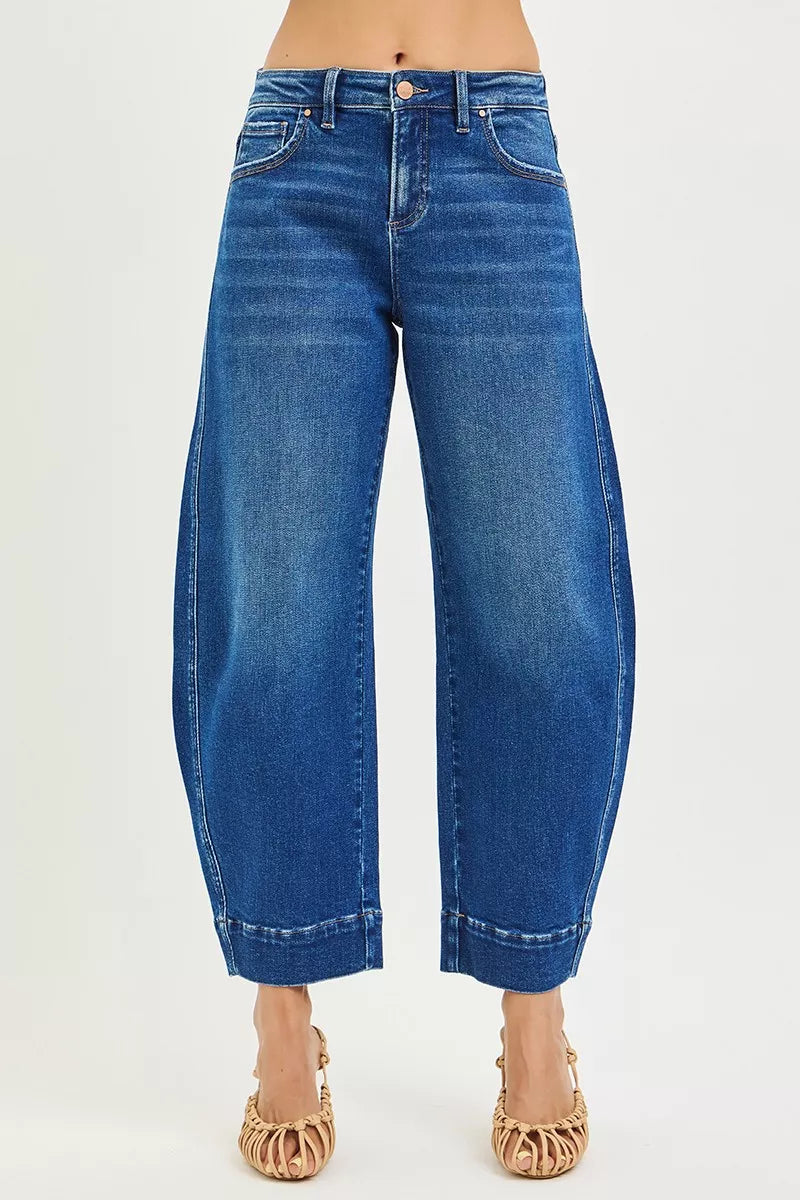 Mid-rise cropped barrel jeans with whisker fading