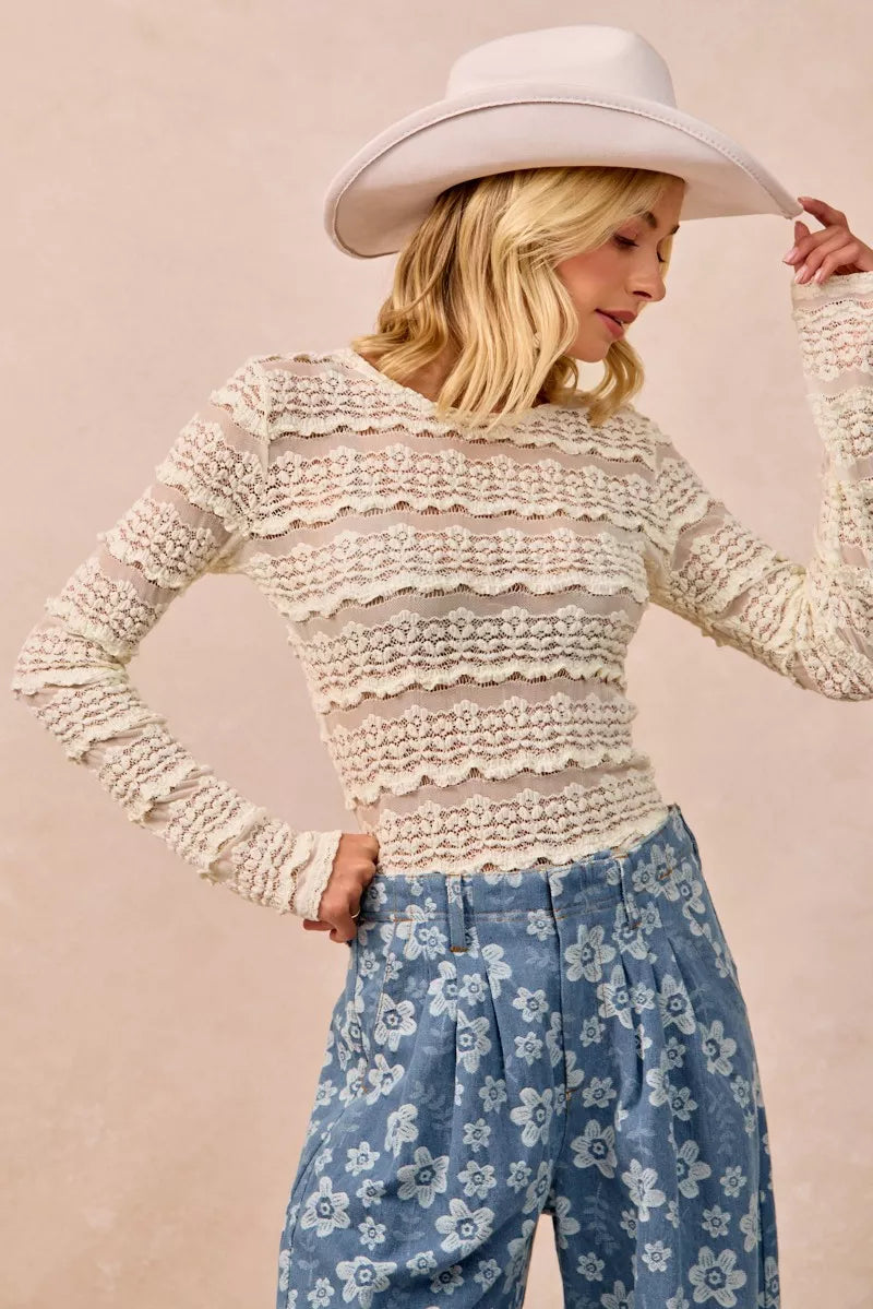 Floral lace long sleeve top with tiered ruffle rows