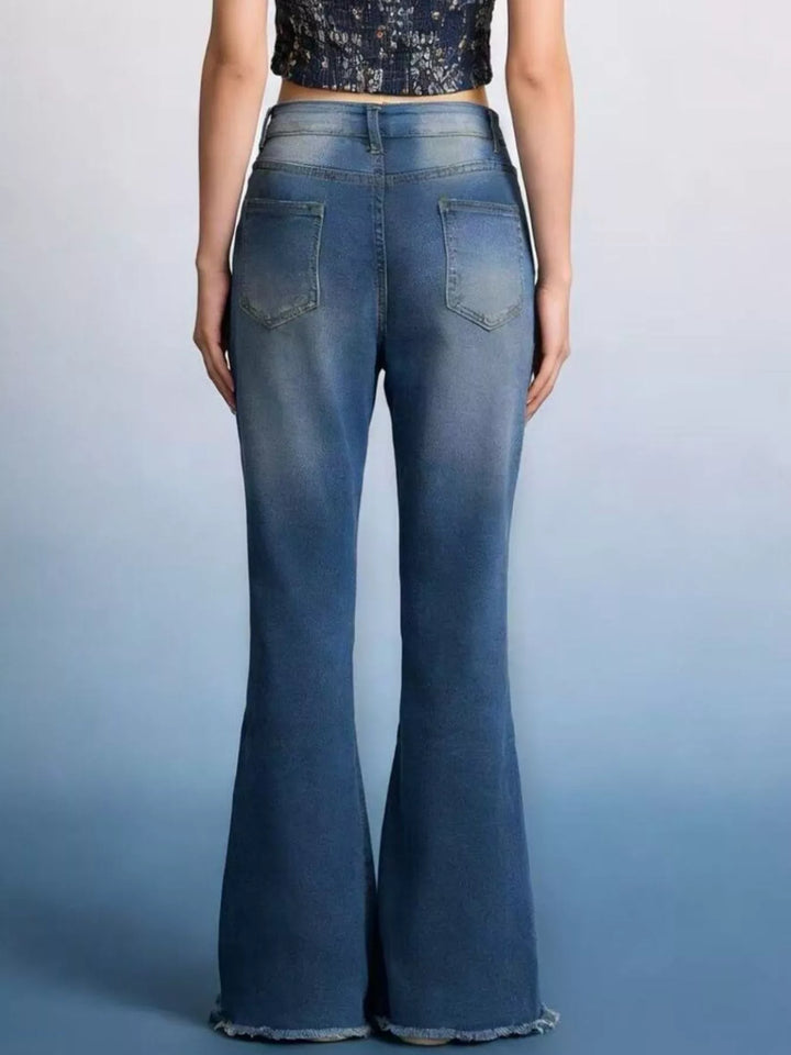 Raw hem high-rise flare jeans with whiskered wash