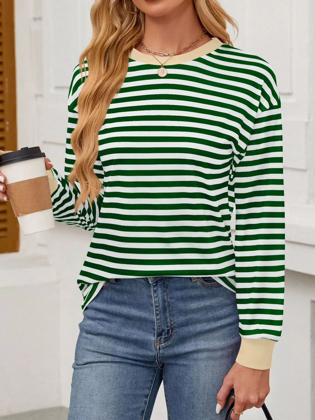 Contrast-trim striped long sleeve crew neck top