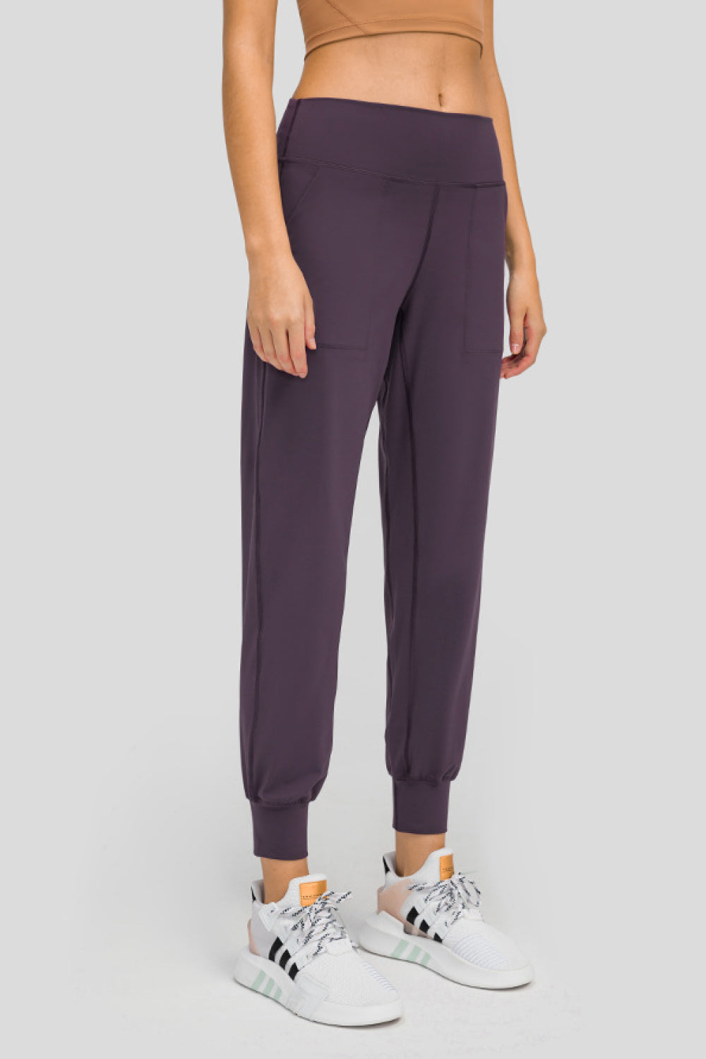 Plum Purple Wide waistband cropped joggers with pockets and ribbed cuffs