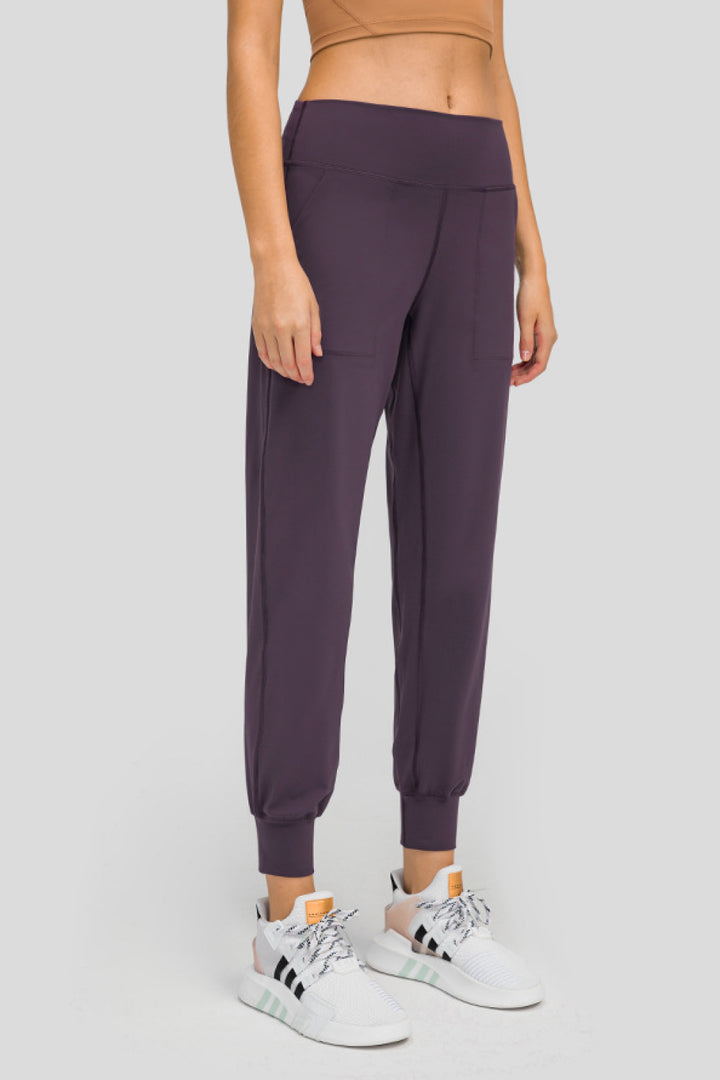 Plum Purple Wide waistband cropped joggers with pockets and ribbed cuffs