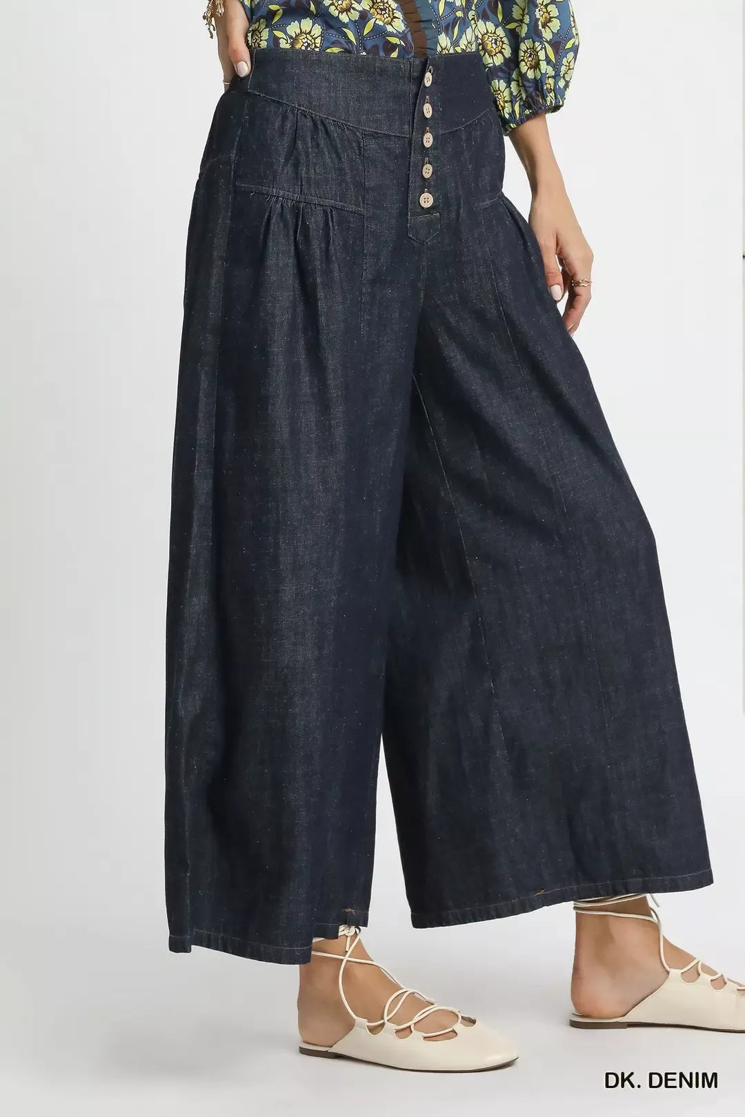 High-rise wide-leg button-front denim culottes